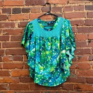 Y2K Green & Blue Flowy Flutter Layer Sleeve‎ Rounded Neckline Blouse Size Small